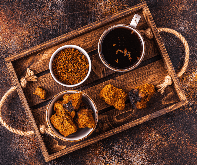 chaga mushroom and tea on a platter