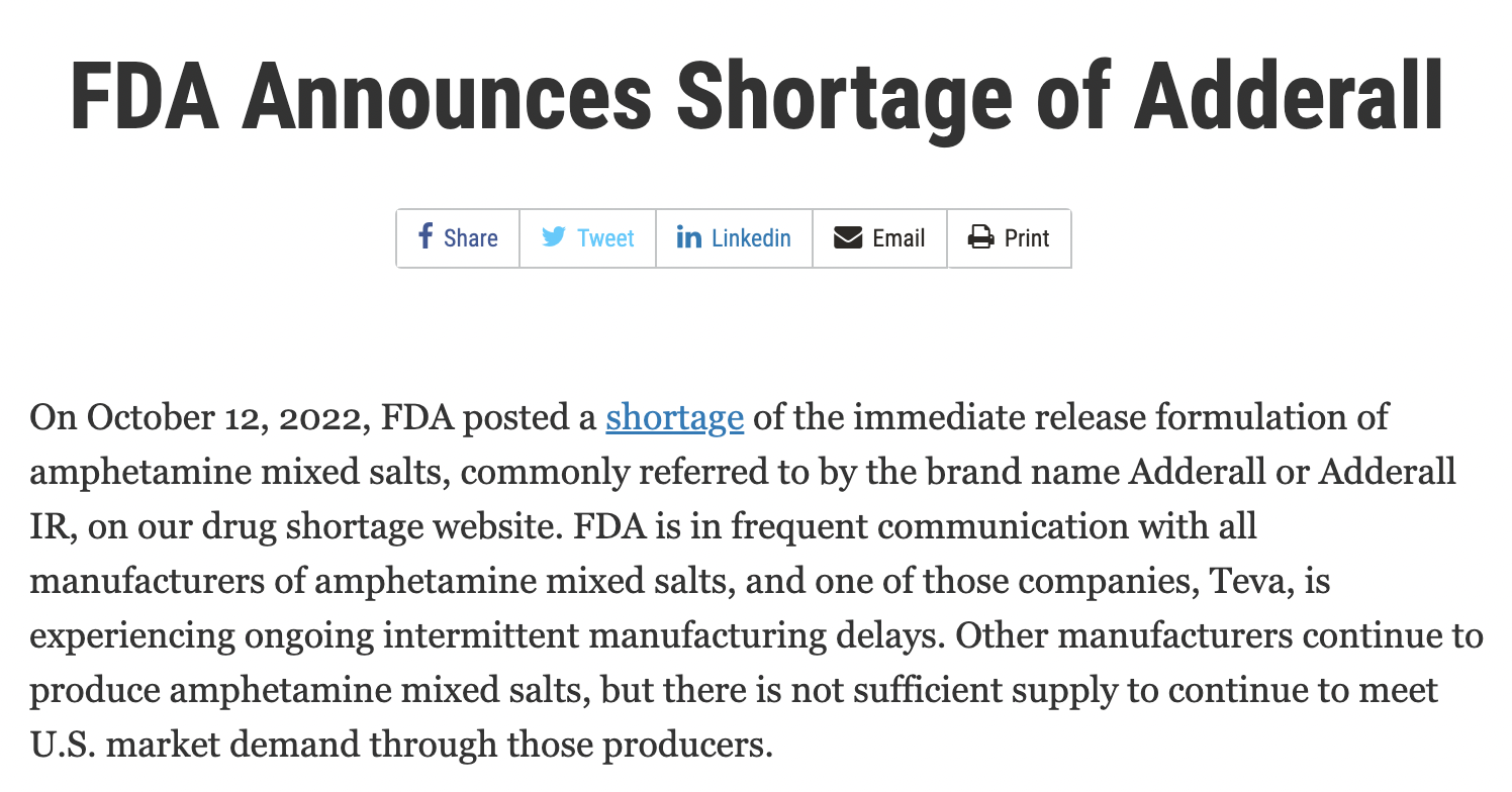 FDA Announces Shortage of Adderall