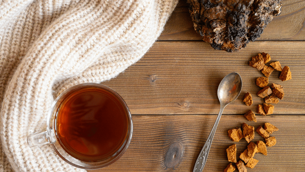 chaga chunks for tea near cozy sweater