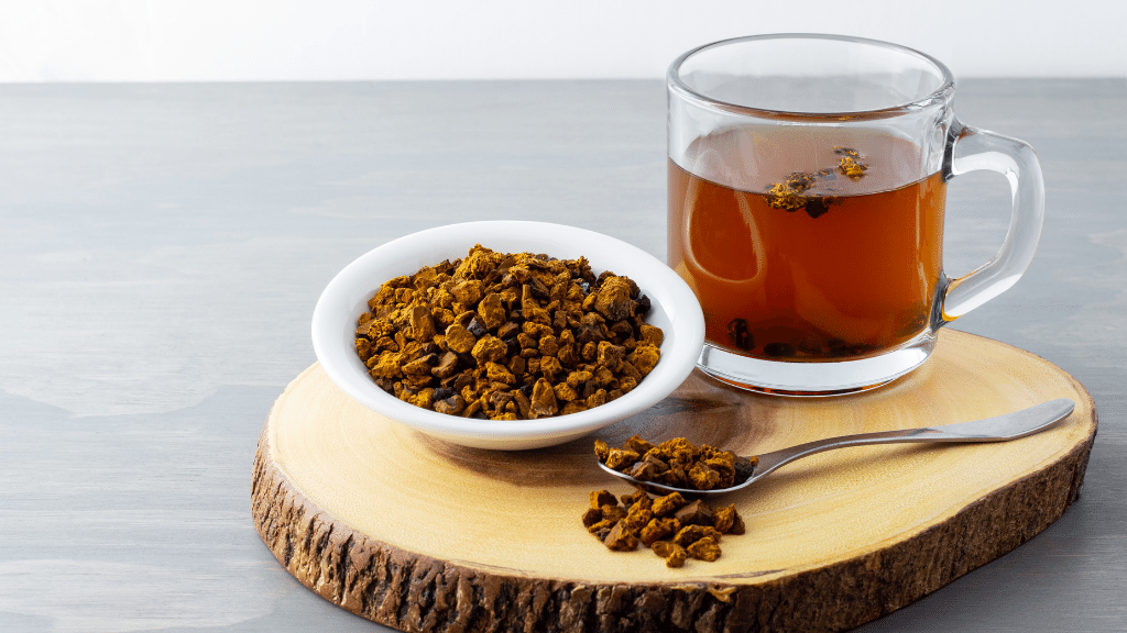 chaga mushroom tea on a wood plate