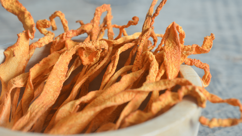 close up of dried cordyceps militaris