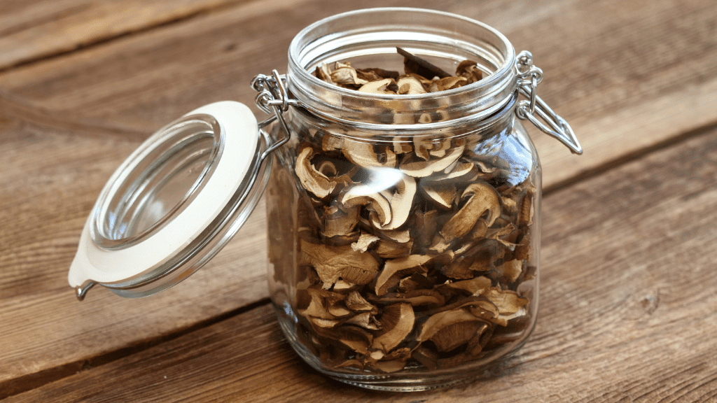 dried mushrooms in a glass jar