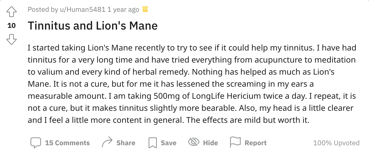 Reddit Tinnitus Lions Mane Testimonial