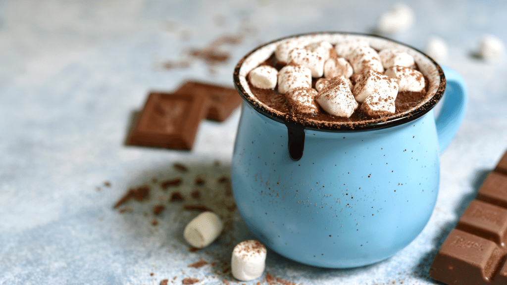 reishi hot cocoa in a blue mug