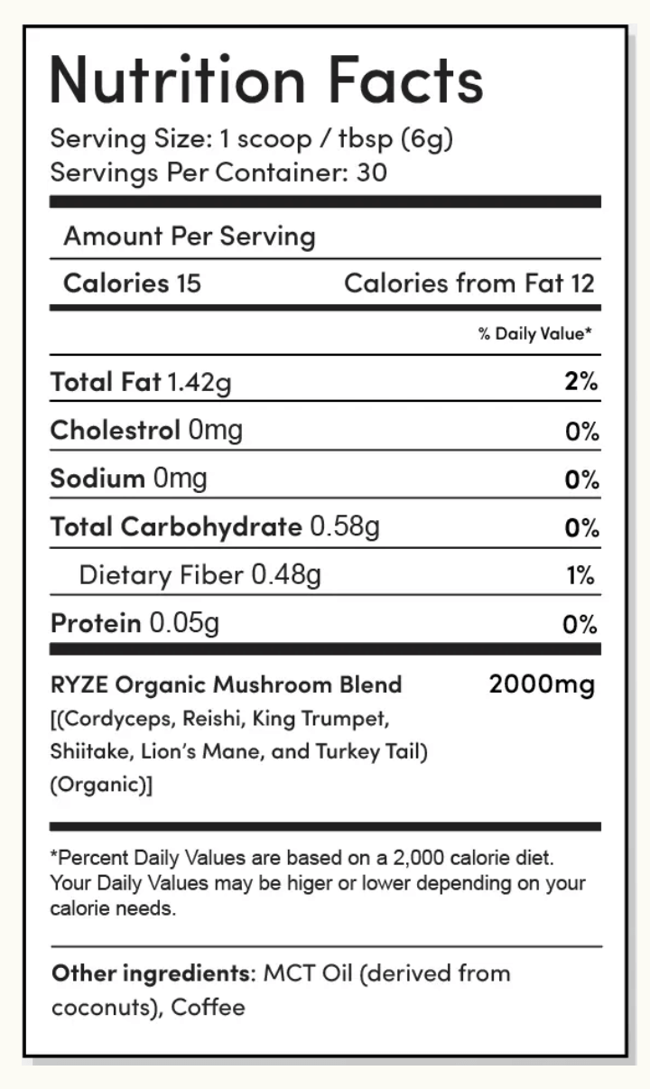 Ryze coffee nutrition facts