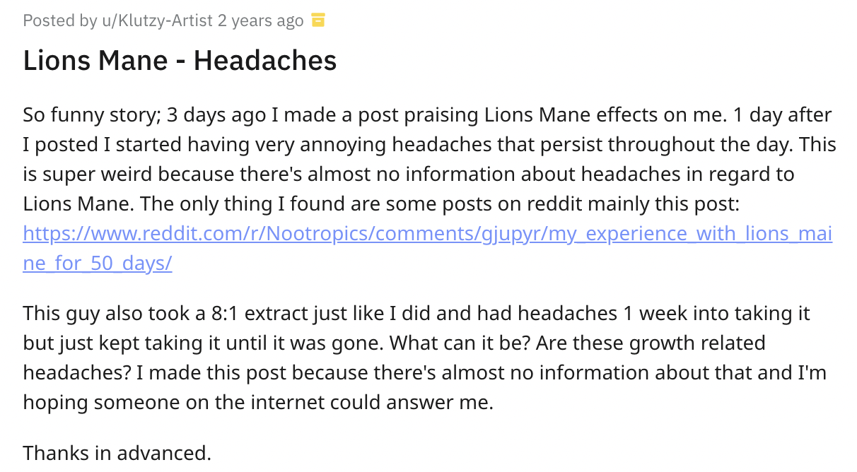 Reddit Thread Showing Lions Mane and Headaches