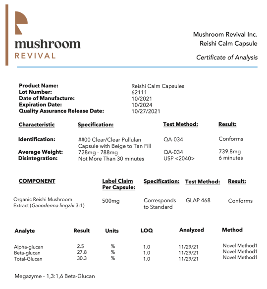 Mushroom revivial reishi calm capsules COA and lab results