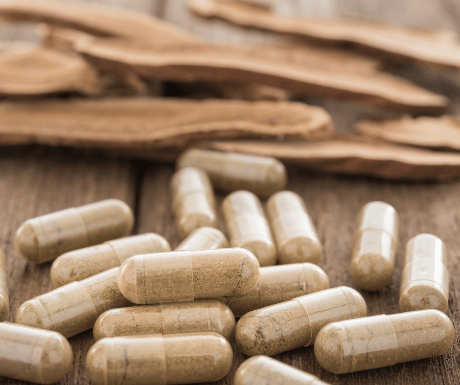 closeup of mushroom capsules on a table